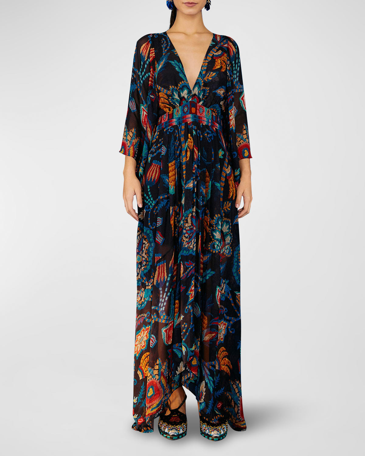 Farm Rio Sunset Tapestry Puff-Sleeve Maxi Dress | Neiman Marcus