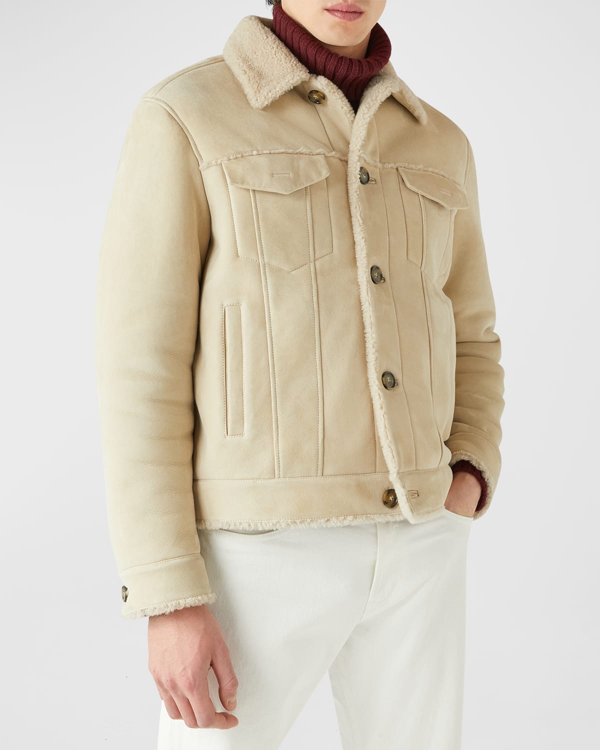 Vince Men's Suede Trucker Jacket w/ Shearling Collar Neiman Marcus