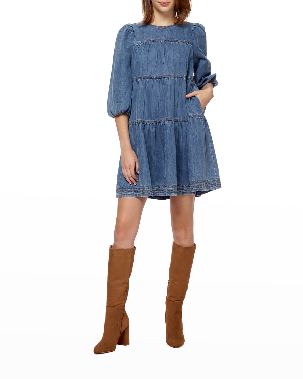 Stellah Washed Denim Tiered Mini Skirt | Neiman Marcus