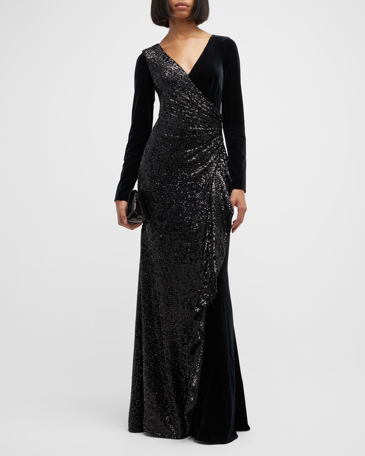 Rickie Freeman for Teri Jon Puff-Sleeve Sequin Velvet Gown | Neiman Marcus