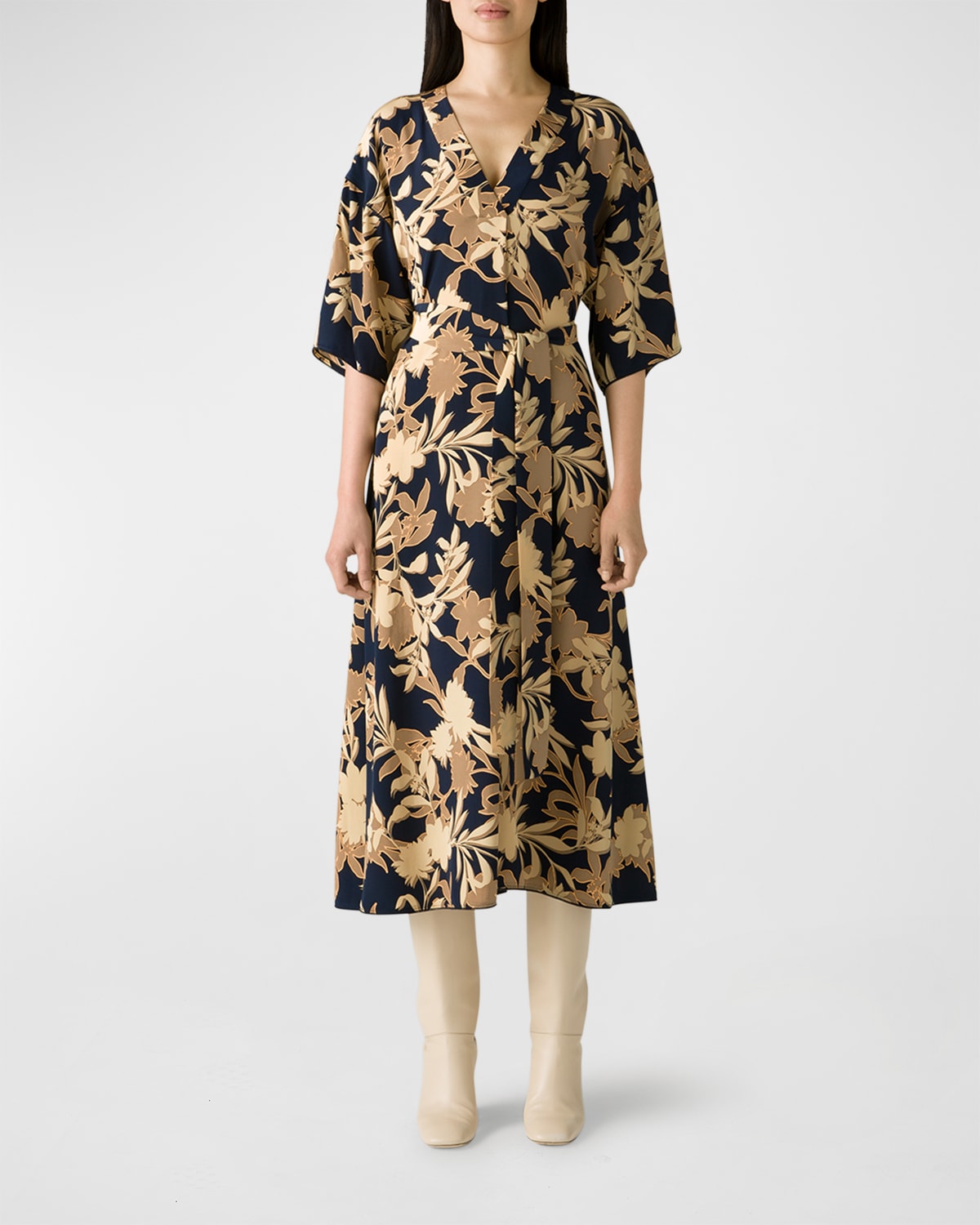 Misook Floral-Print Crepe De Chine Midi Dress | Neiman Marcus