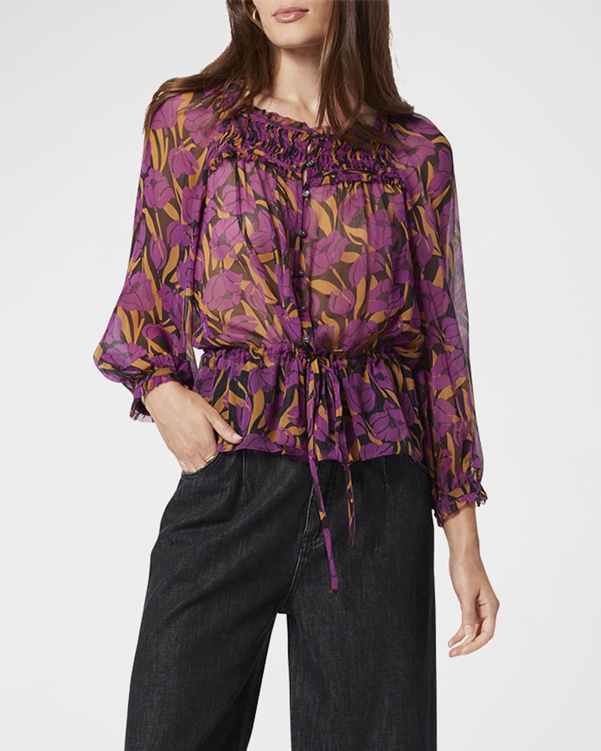 Joie Fanning Shirred Floral-Print Blouse | Neiman Marcus