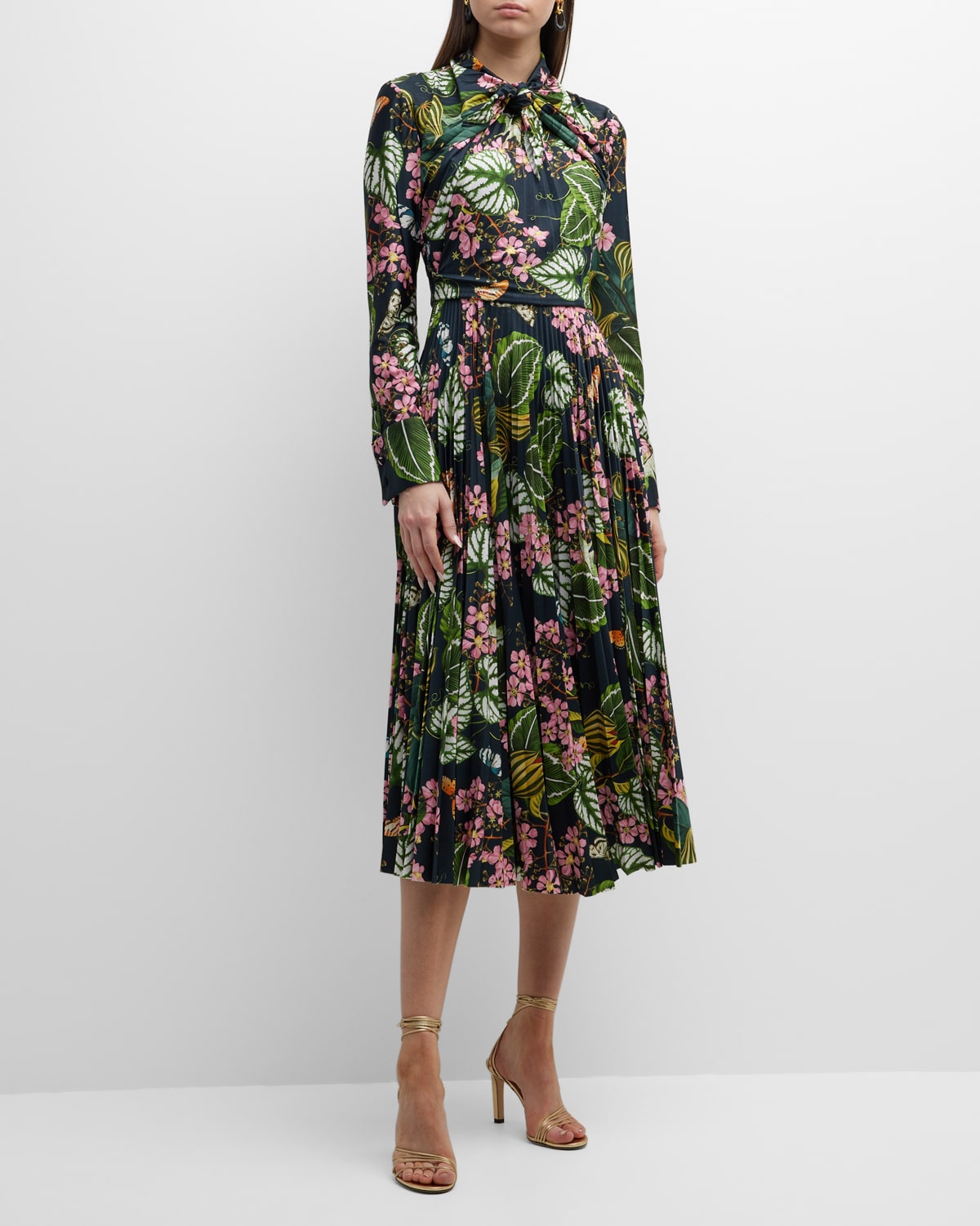 Oscar de la Renta Mixed Botanical-Print Fit-&-Flare Faille Midi Dress ...