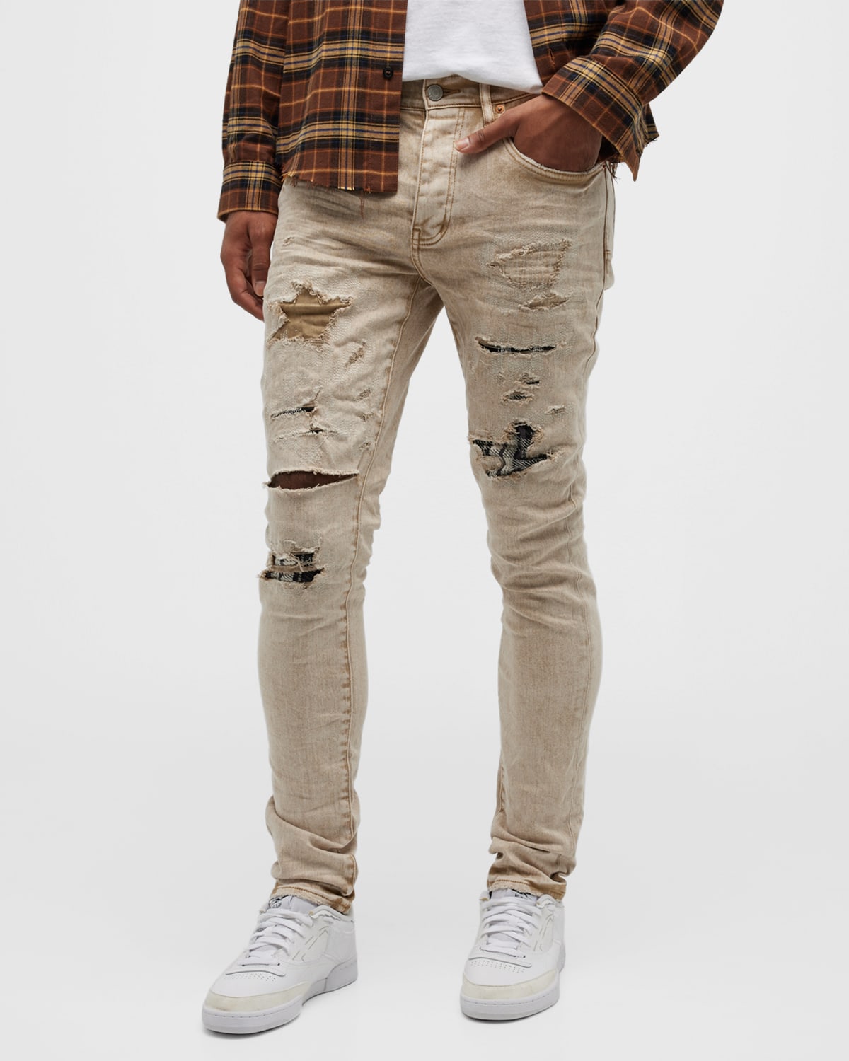 PURPLE Men's Washed Stitch Patch Repair Jeans Neiman Marcus