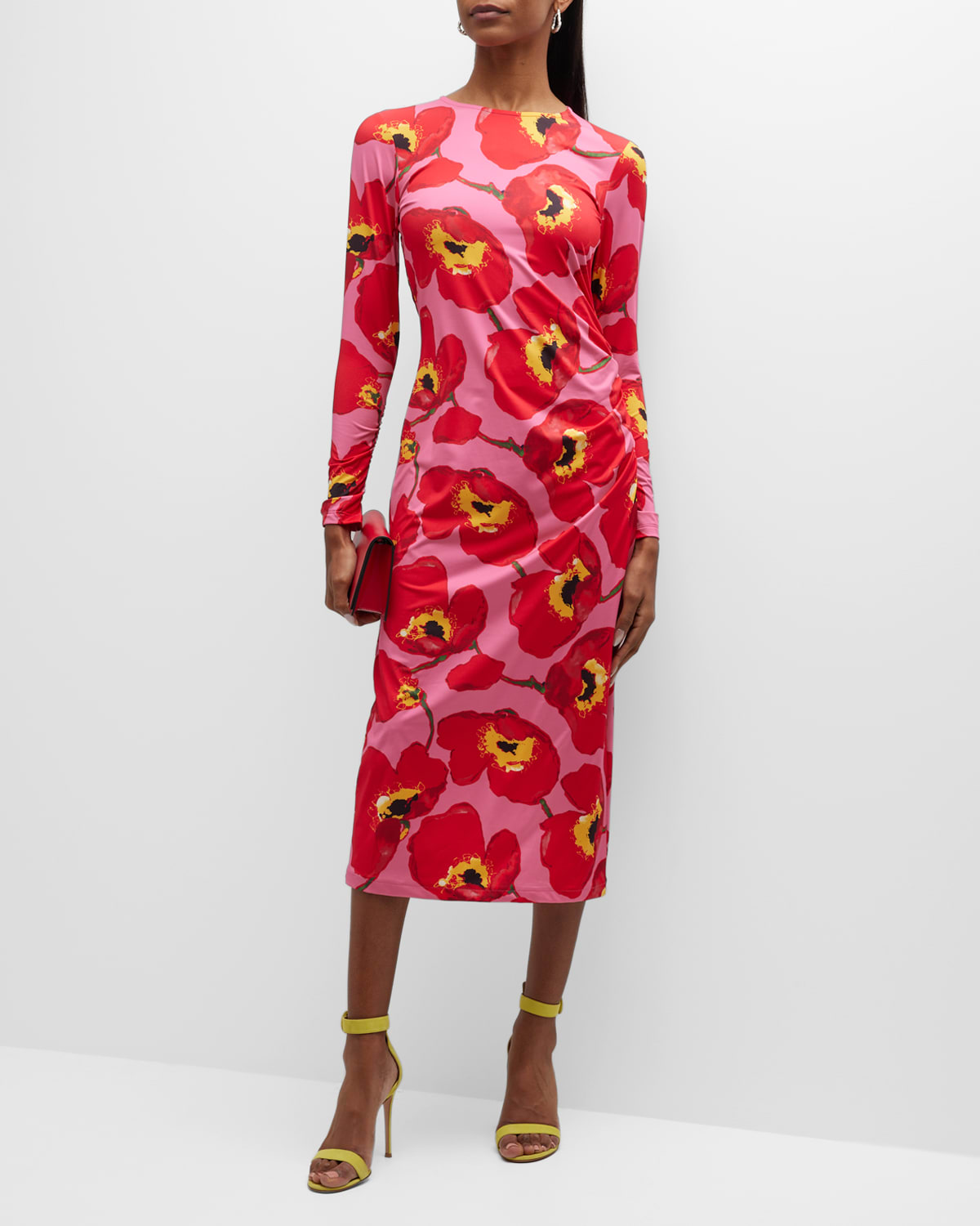 Carolina Herrera Ruched V-Neck Floral Print Midi Dress | Neiman Marcus