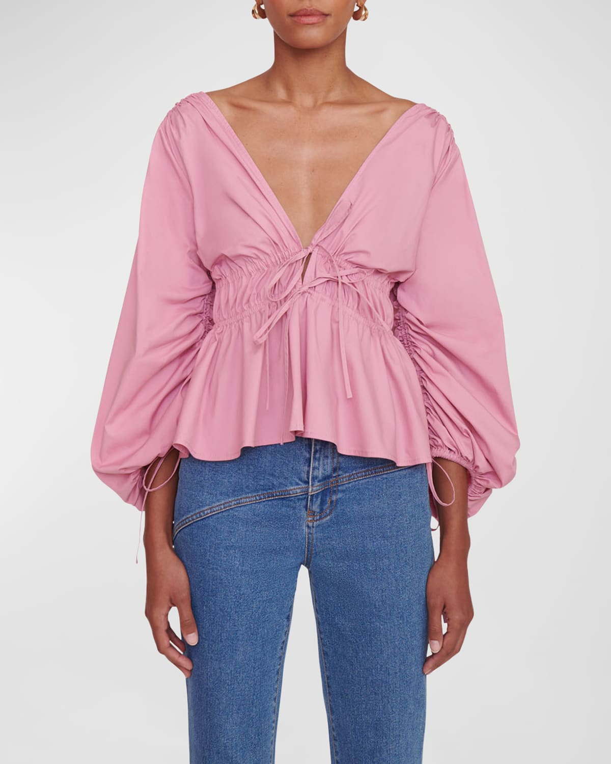 Floral V-Neck Balloon Sleeve Peplum Blouse