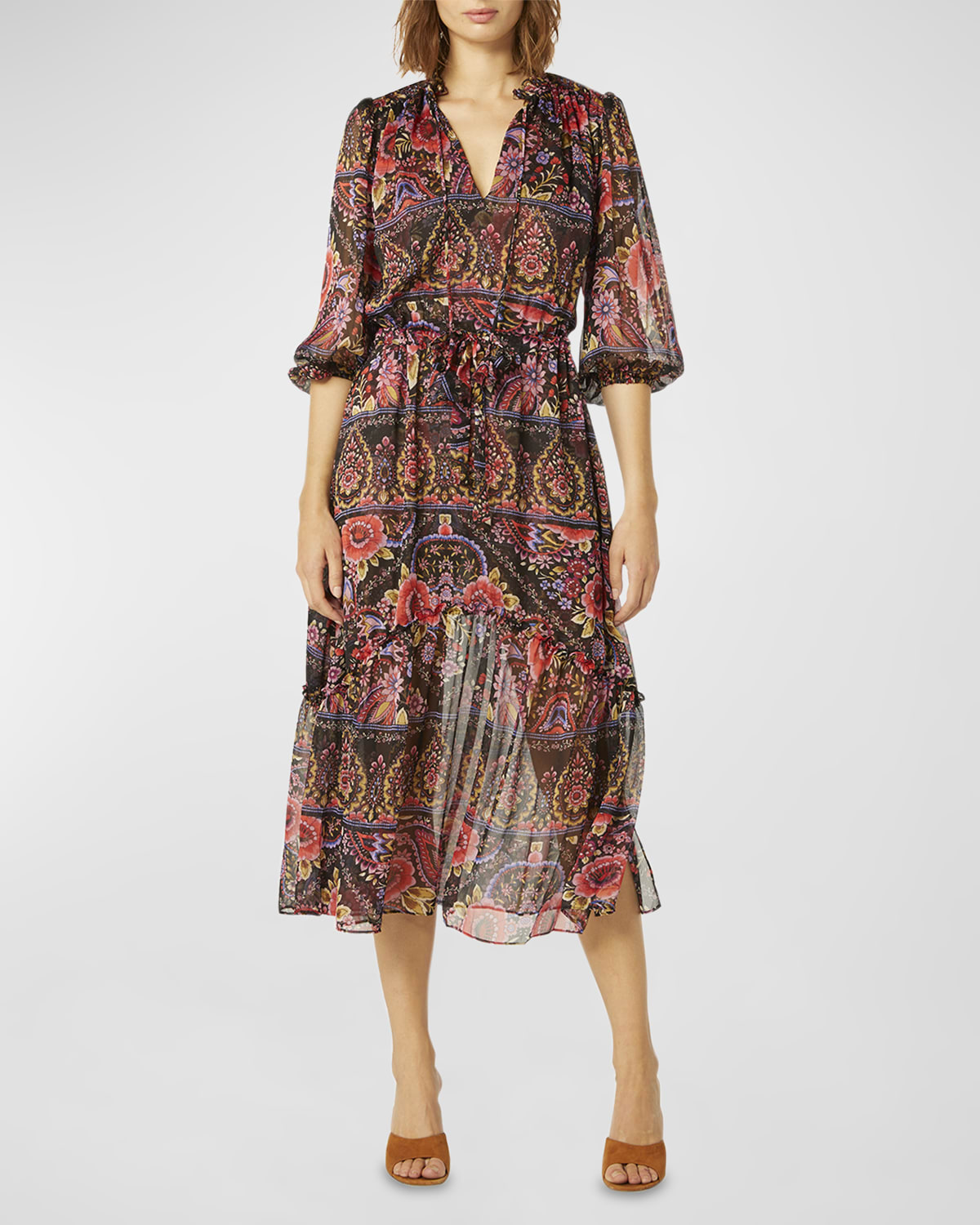 Saloni Neelam Puff-Sleeve Cutout Floral Linen Midi Dress | Neiman Marcus