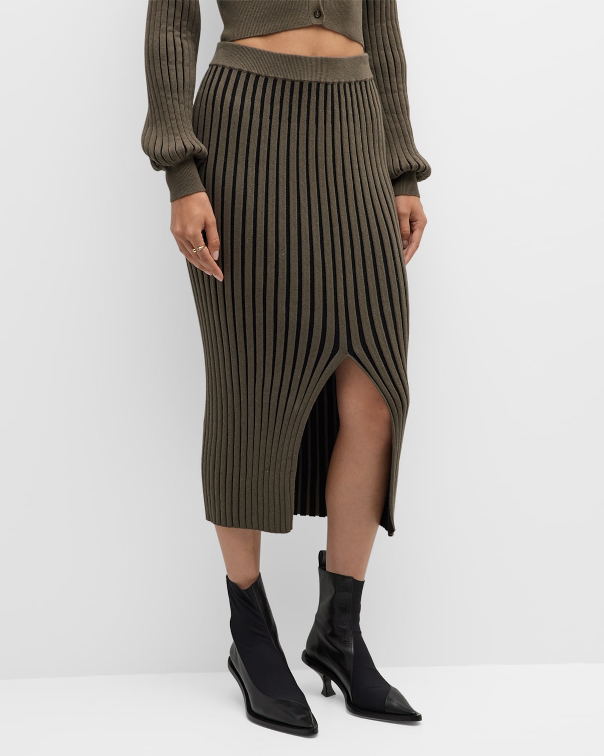 Feldgrau Color Ankle-Length Pencil Skirt with Side Slit main image 1