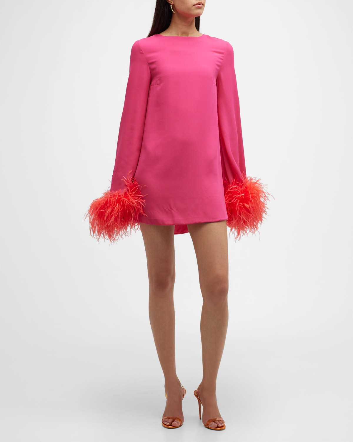 NERVI Penelope Flare-Sleeve Sequin Mini Shift Dress w/ Feather Trim ...