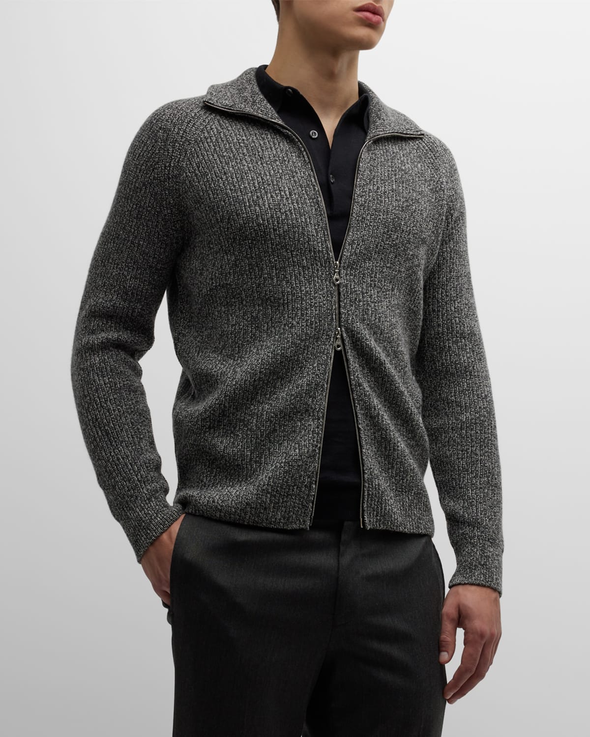 Neiman Marcus Men's Merino WoolCashmere FullZip Cable Sweater