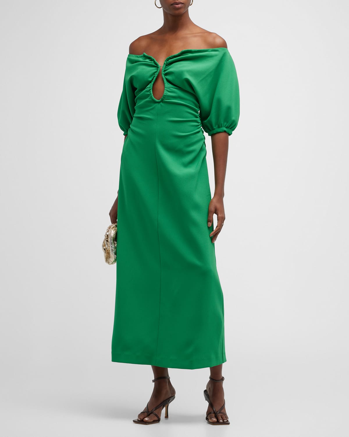 Monique Lhuillier Polka-Dot Off-The-Shoulder Puff-Sleeve Midi Dress ...