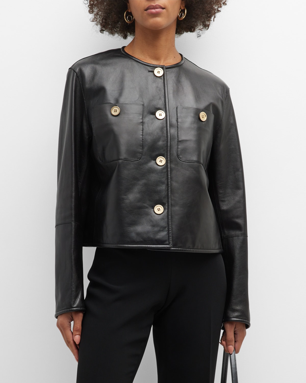 Lafayette 148 New York Lantern-Sleeve Lambskin Leather Jacket | Neiman ...