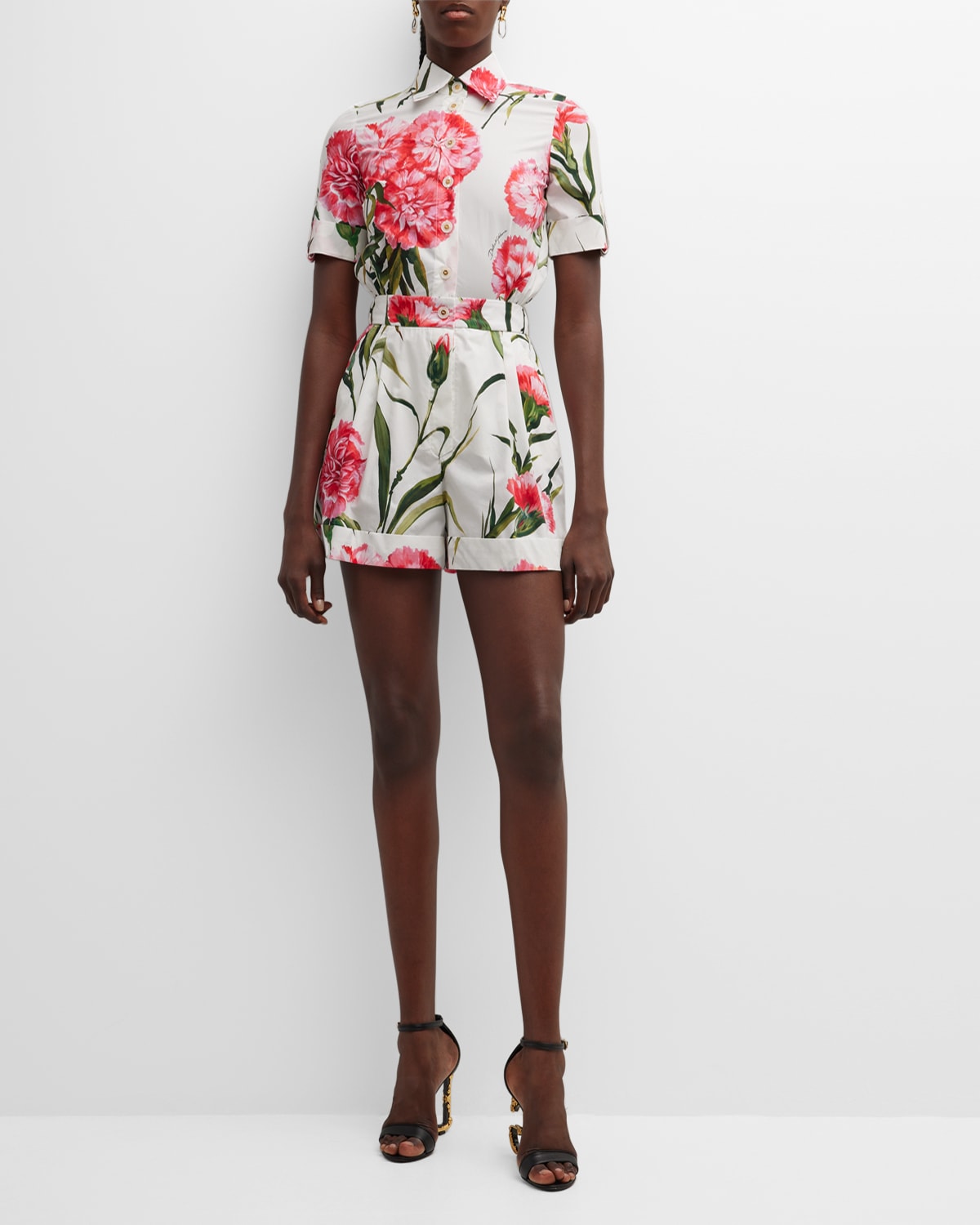 Floral Print Button Front Belted Romper main image 0