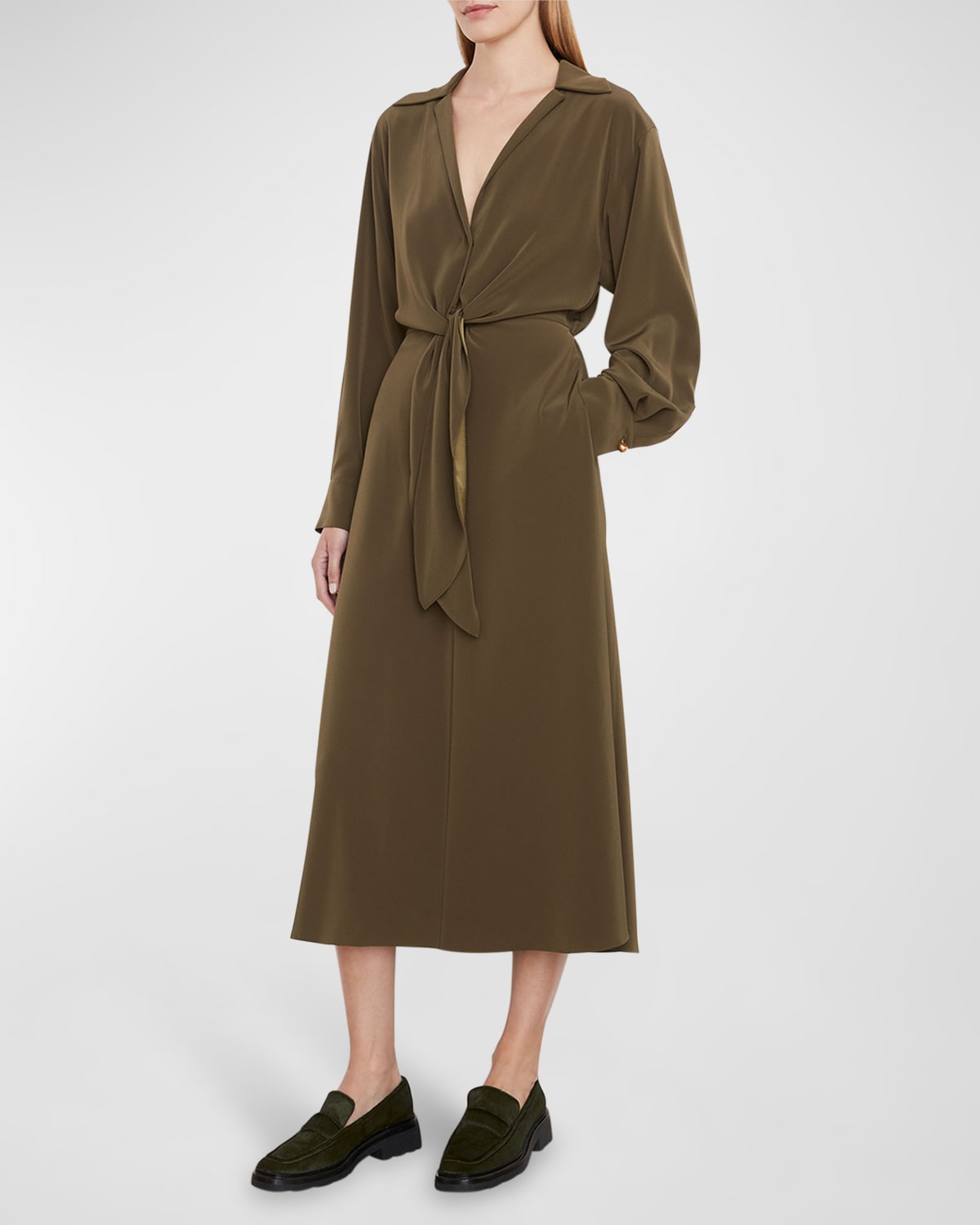 Vince Forsythia Shaped-Collar Tie-Front Midi Dress | Neiman Marcus