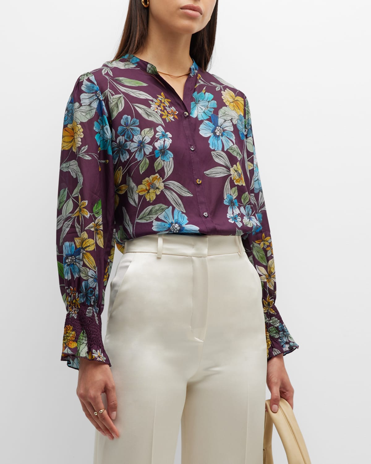 Johnny Was Plus Size Sekai Vacanza Stamp-Print Silk Blouse | Neiman Marcus