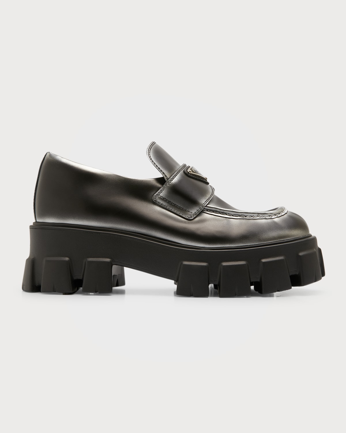 Prada Monolith Leather Logo Platform Loafers Neiman Marcus