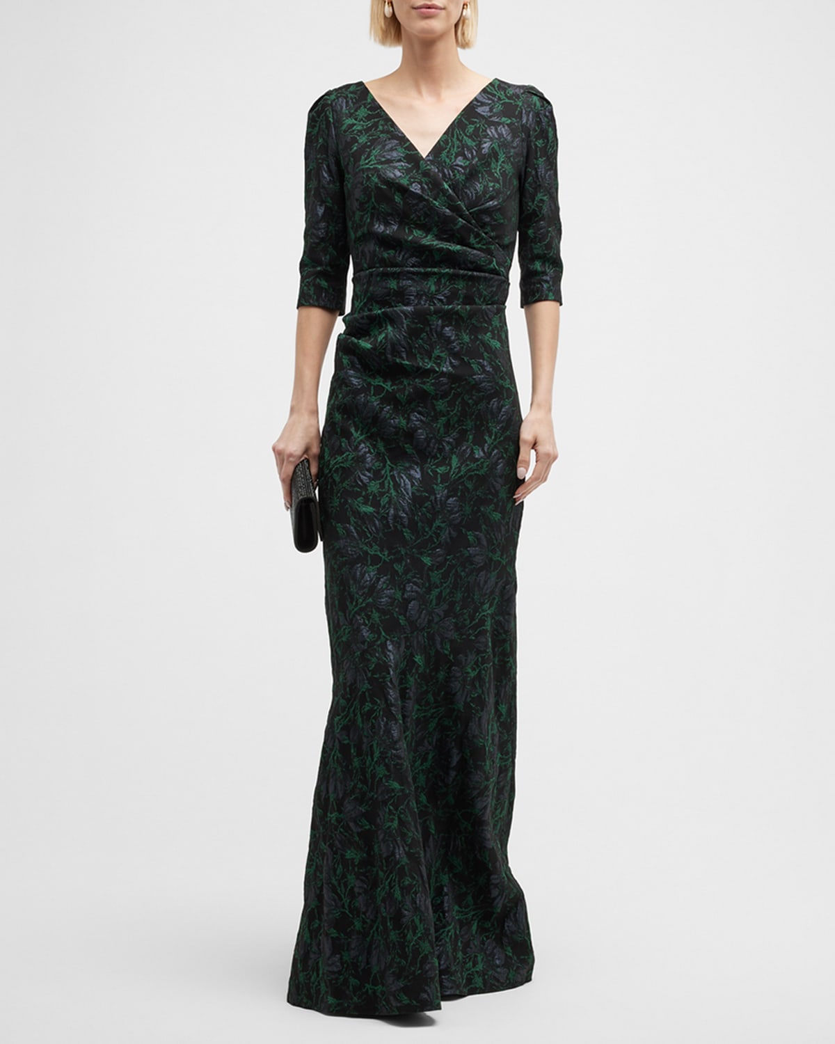 Rickie Freeman for Teri Jon Ruched ElbowSleeve Stretch Jacquard Gown