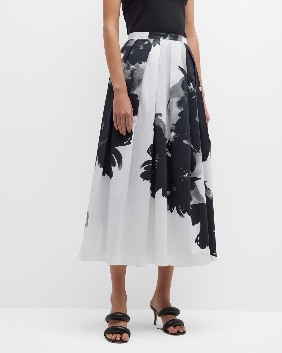 Tory Burch Pleated Abstract-Print Midi Skirt | Neiman Marcus