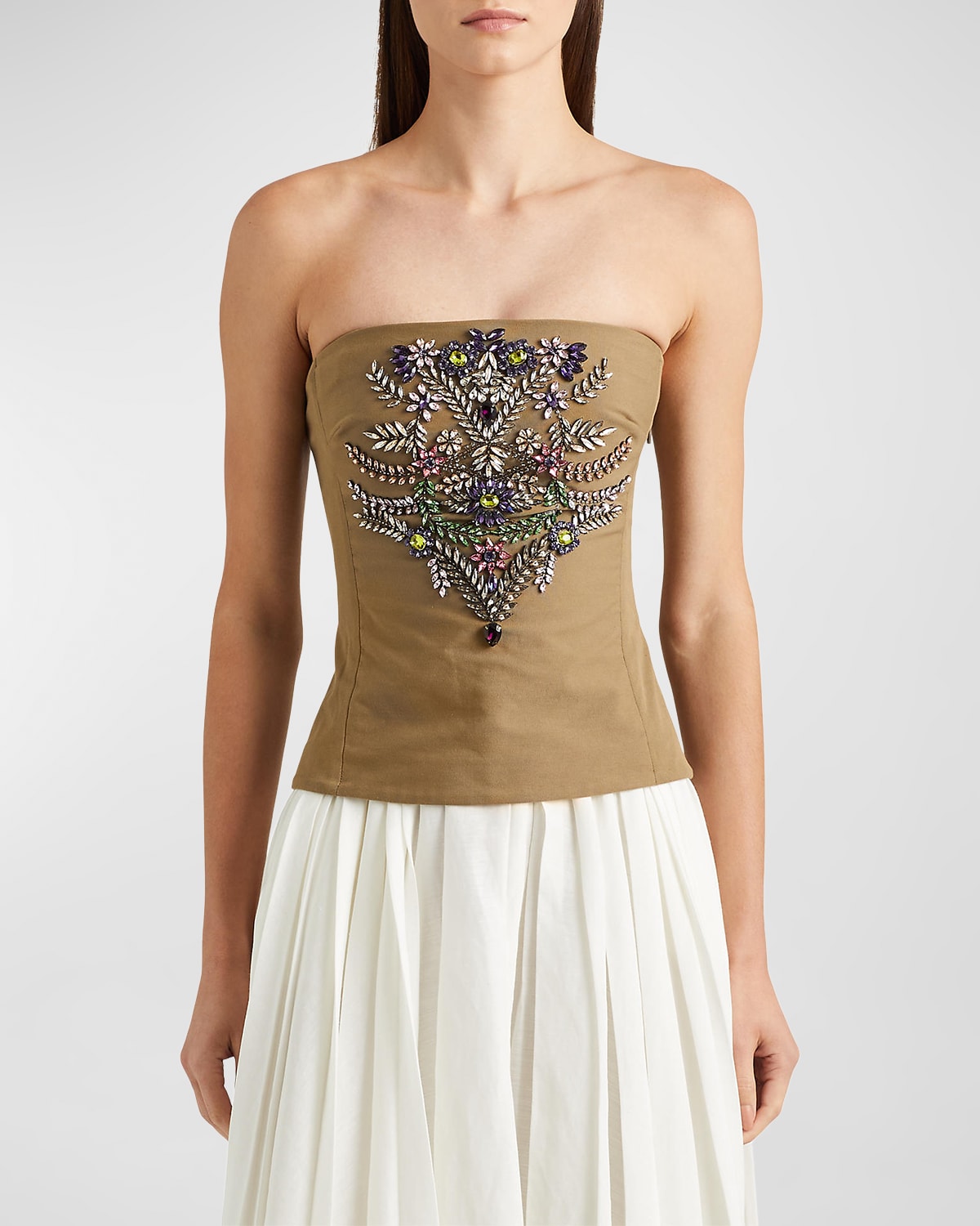 Oscar de la Renta Floral Beaded Bow-Peplum Moire Faille Bustier Top ...