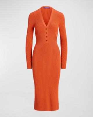 Anna-Kaci Women's Rib Knit Midi Dress with Faux Fur Trim, Wrap V-Neckline, Long Slim Sleeves and Form-Fitting Silhouette for Elevated Styling