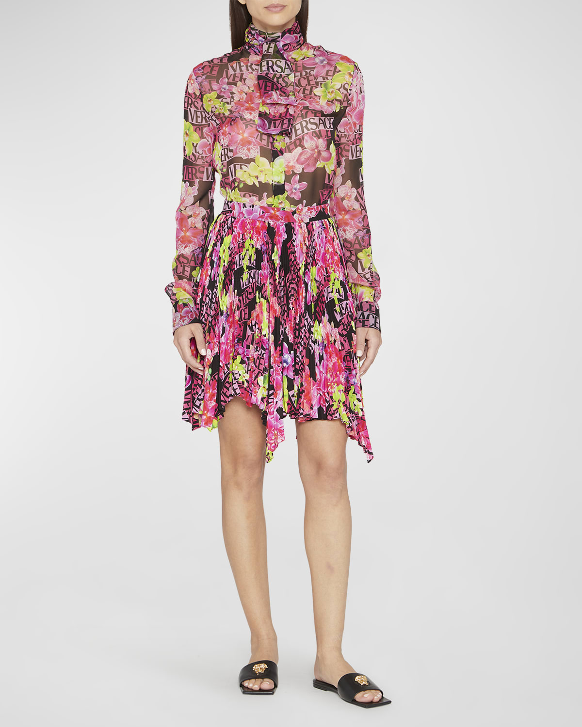 Versace Orchid Print Button-Down Silk Blouse | Neiman Marcus