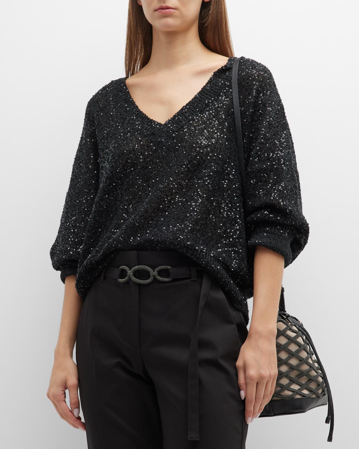 Cardigan Brunello Cucinelli Femme à Paillettes - Col V - Taille L - Coton Tricoté Rayé