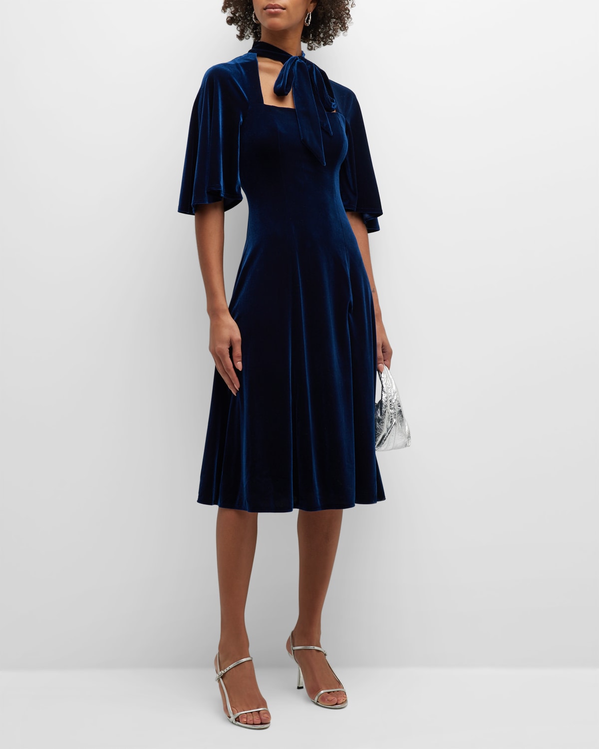 Black Halo Shaw Mock-Neck Shimmer Midi Dress | Neiman Marcus