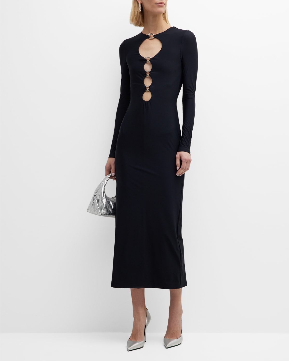 TOM FORD Fitted Sheer-Insert Midi Dress | Neiman Marcus