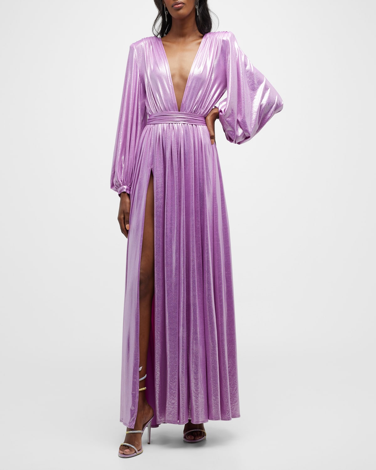 Marchesa Notte Foiled Blouson-Sleeve Pleated Gown | Neiman Marcus