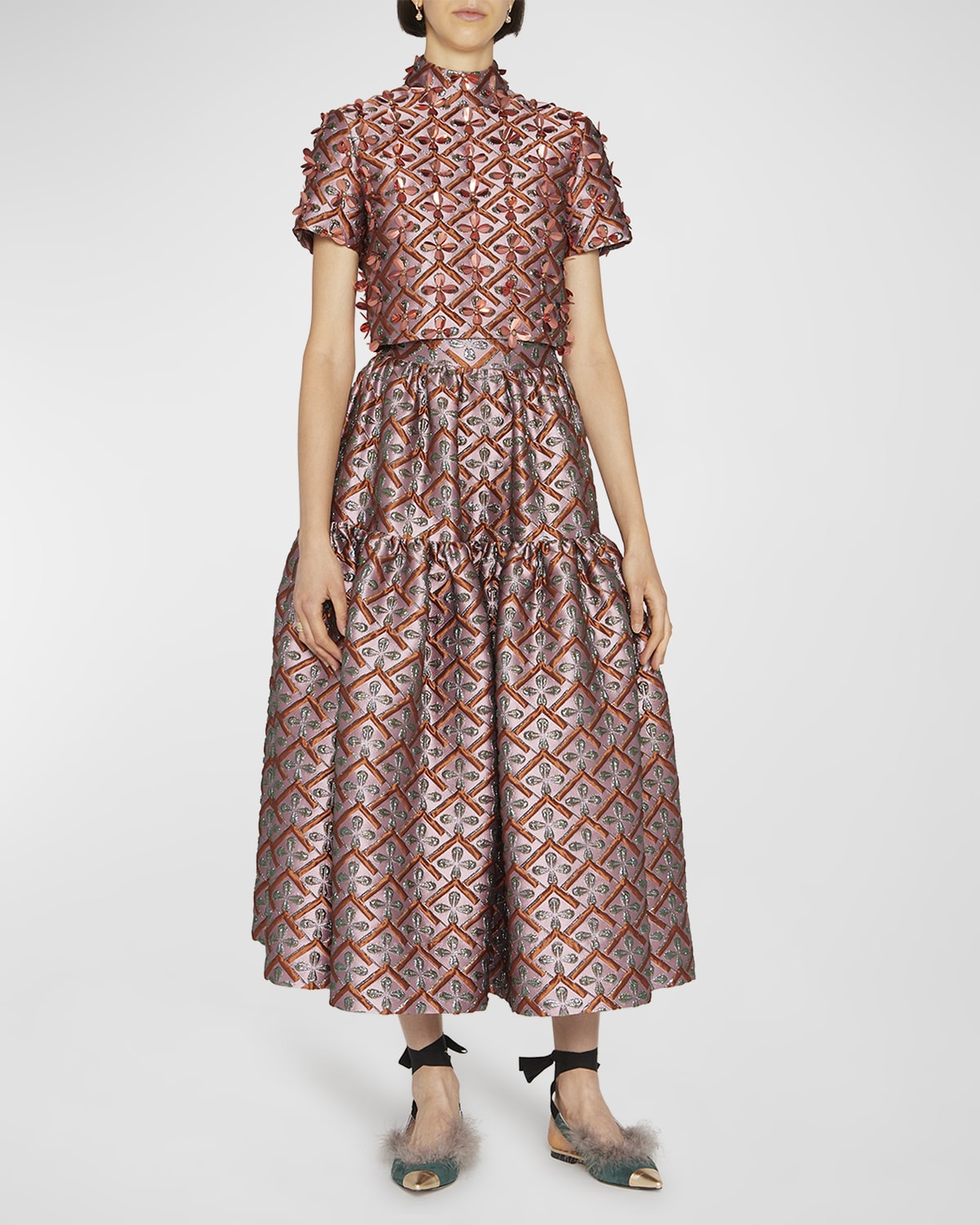 La DoubleJ Oscar Metallic Floral Jacquard Flare Midi Skirt