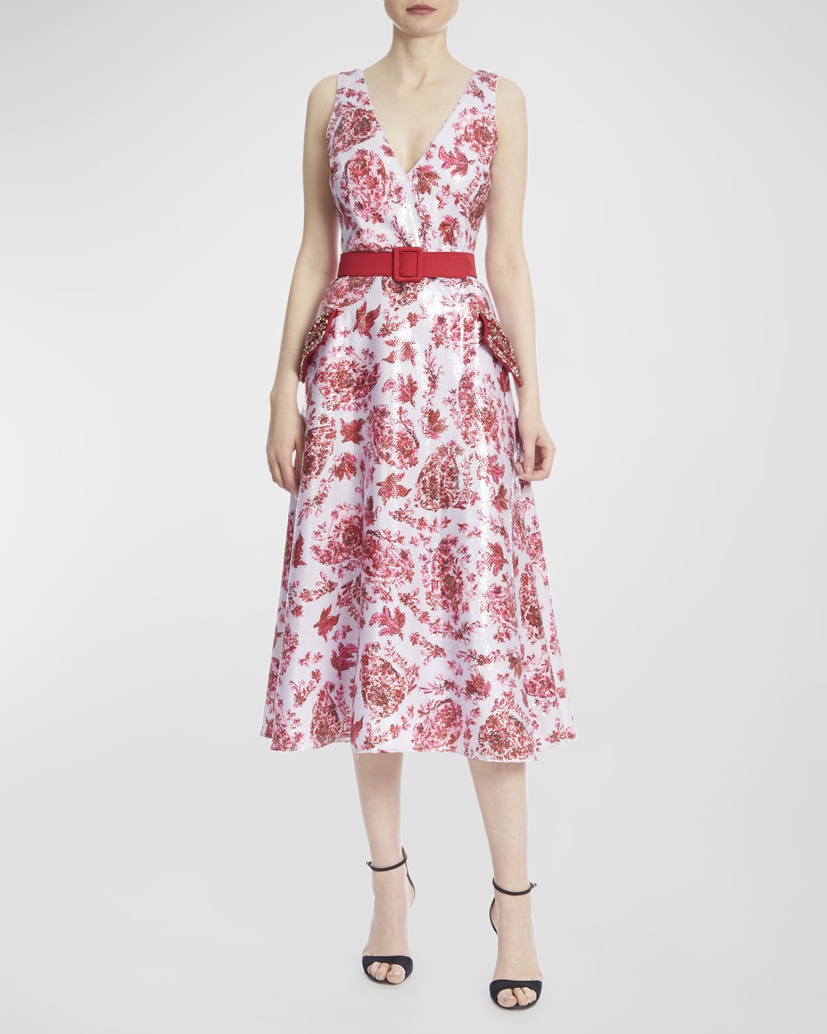 Badgley Mischka Collection Belted Floral Sequin Midi Dress | Neiman Marcus