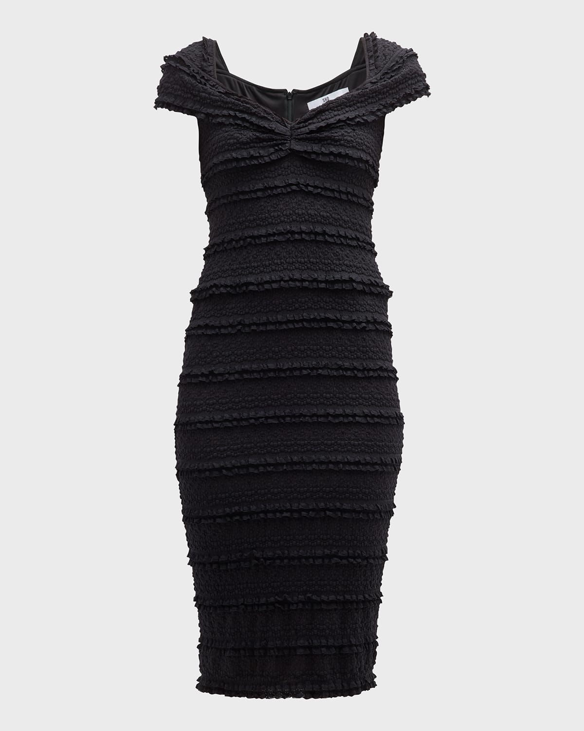 REBECCA VALLANCE Scarlet Strapless Ruffle-Trim Midi Dress | Neiman Marcus