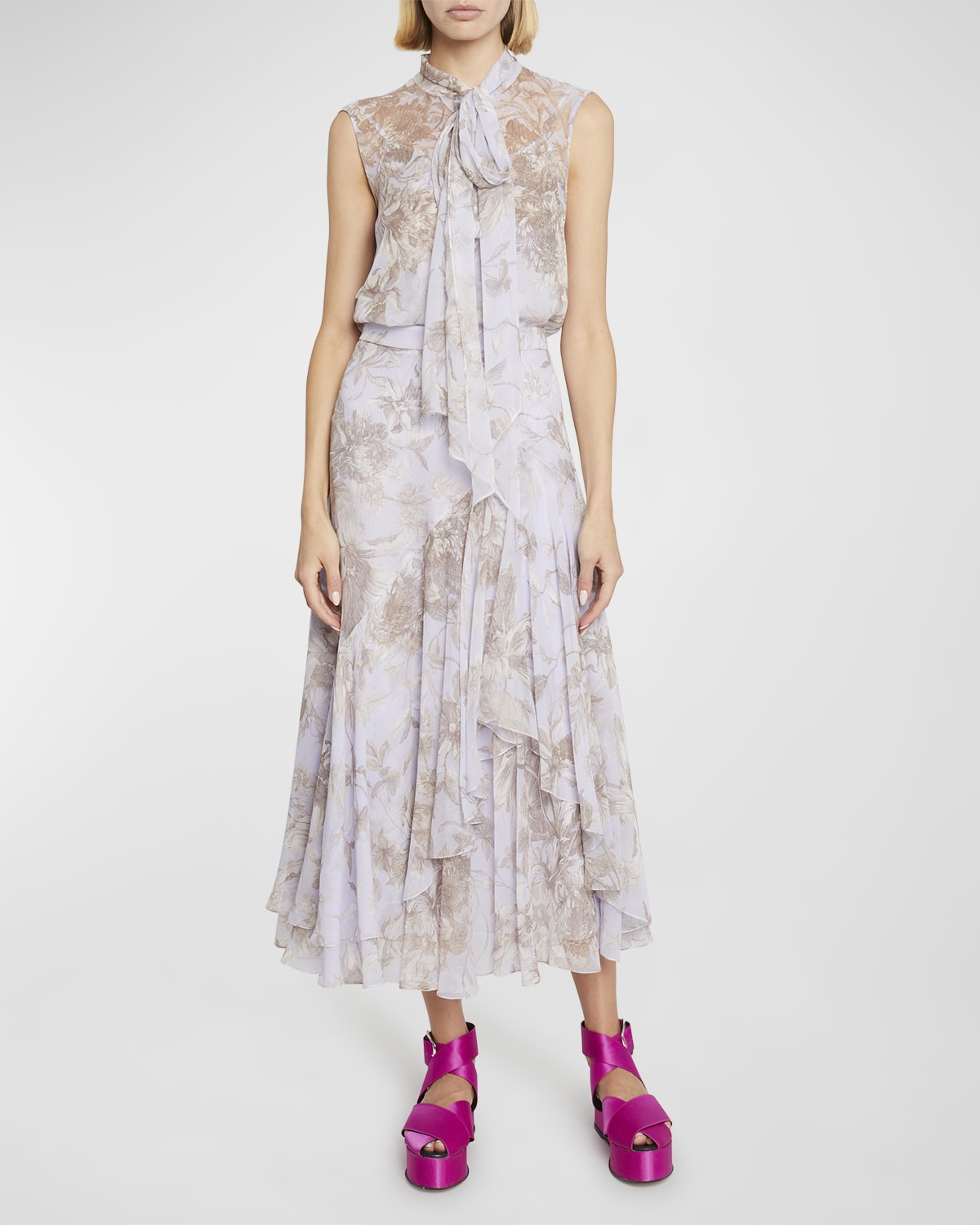 Erdem Floral-Print Ruffle-Sleeve Tiered Midi Dress | Neiman Marcus