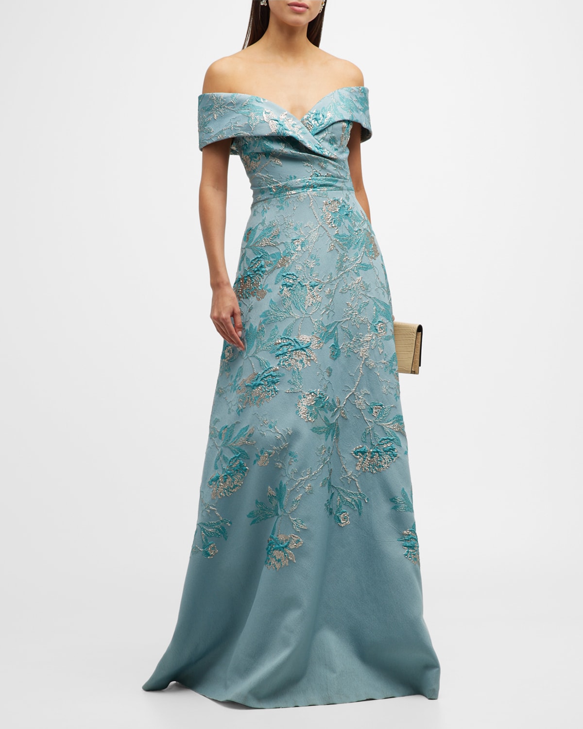 Rickie Freeman for Teri Jon Off-Shoulder Metallic Jacquard Gown | Neiman Marcus