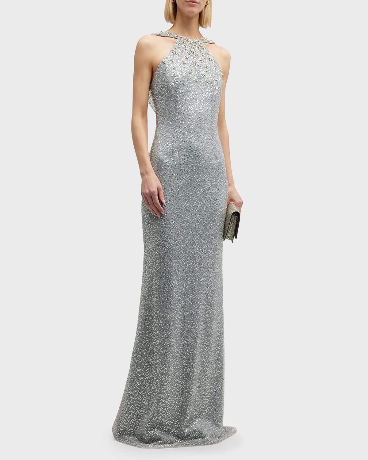 Rickie Freeman for Teri Jon Crossover Metallic Jacquard Halter Gown