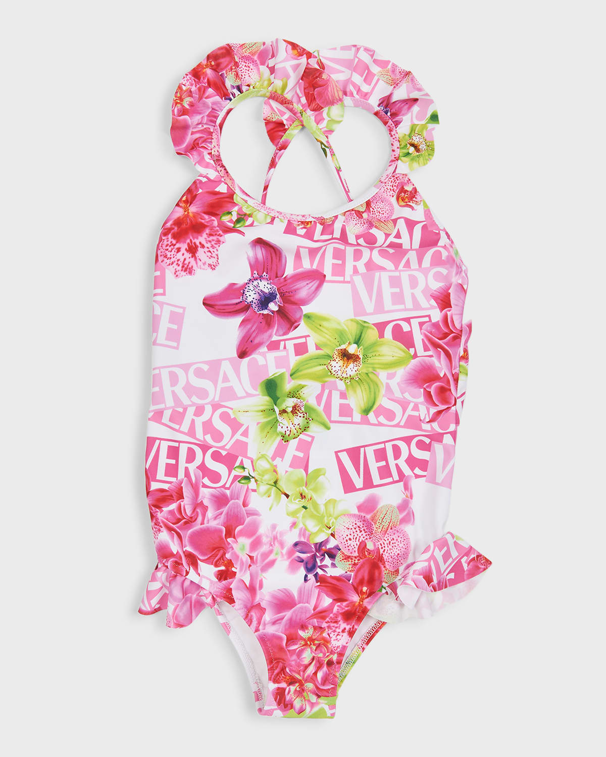 Versace Girl's Orchid Logo-Print Ruffle Trim Swimsuit, Size 4-6