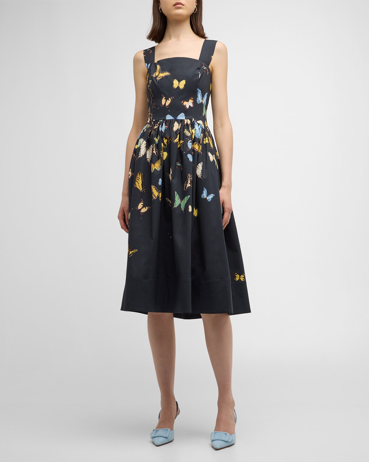 Oscar de la Renta Long Sleeve Butterfly Poplin Mini Dress in Blue Multi