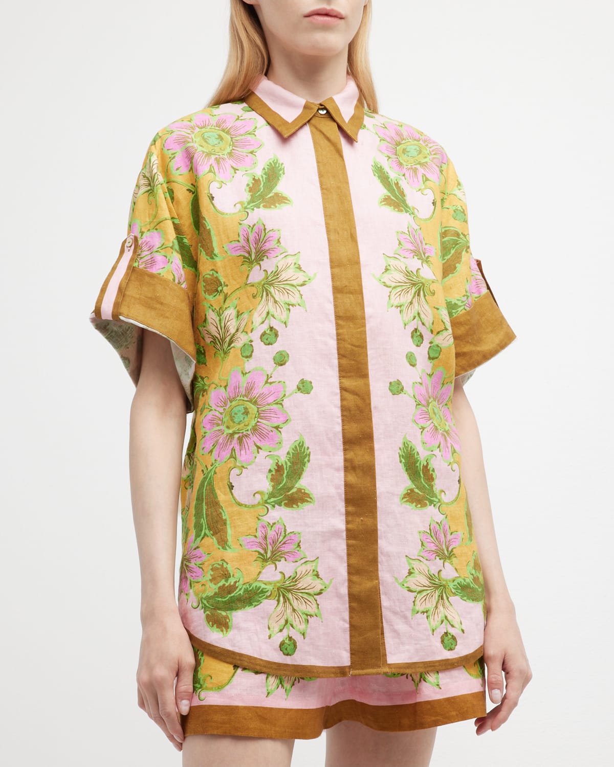 ALEMAIS Elora Floral Patchwork Linen Button-Front Shirt | Neiman Marcus