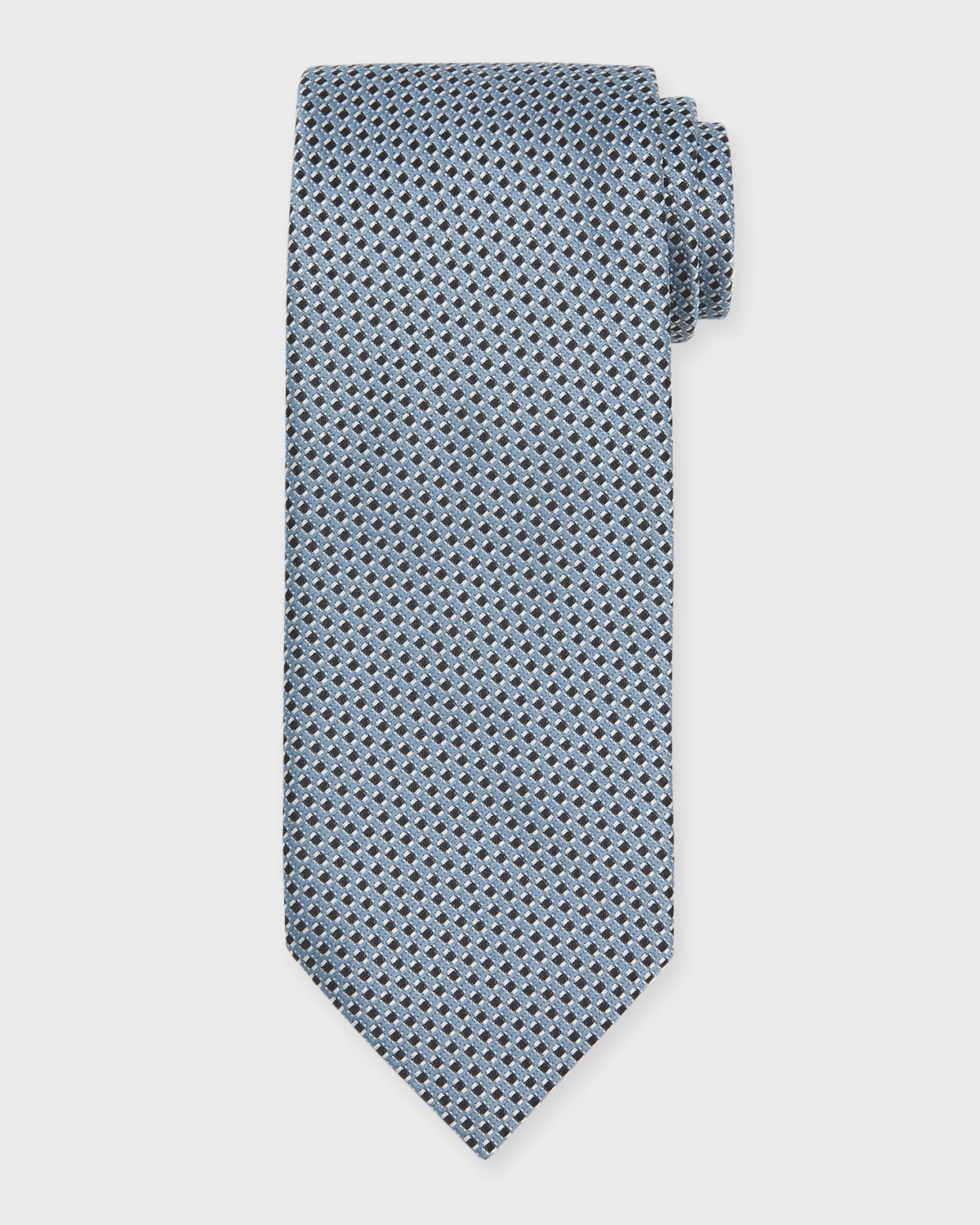 Beige micro patterned red and light blue silk twill tie