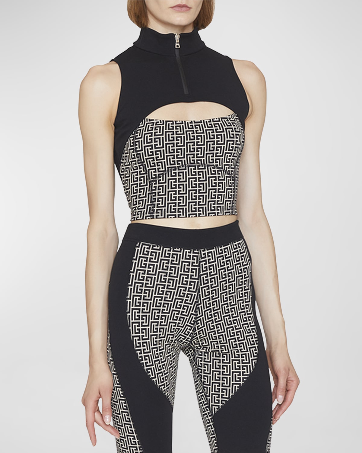 Balmain Cutout Monogram Jersey Half-Zip Crop Top | Neiman Marcus