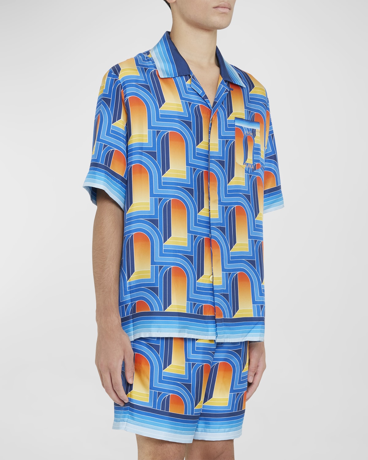 CASABLANCA Men's Rainbow Monogram Silk Camp Shirt Neiman Marcus