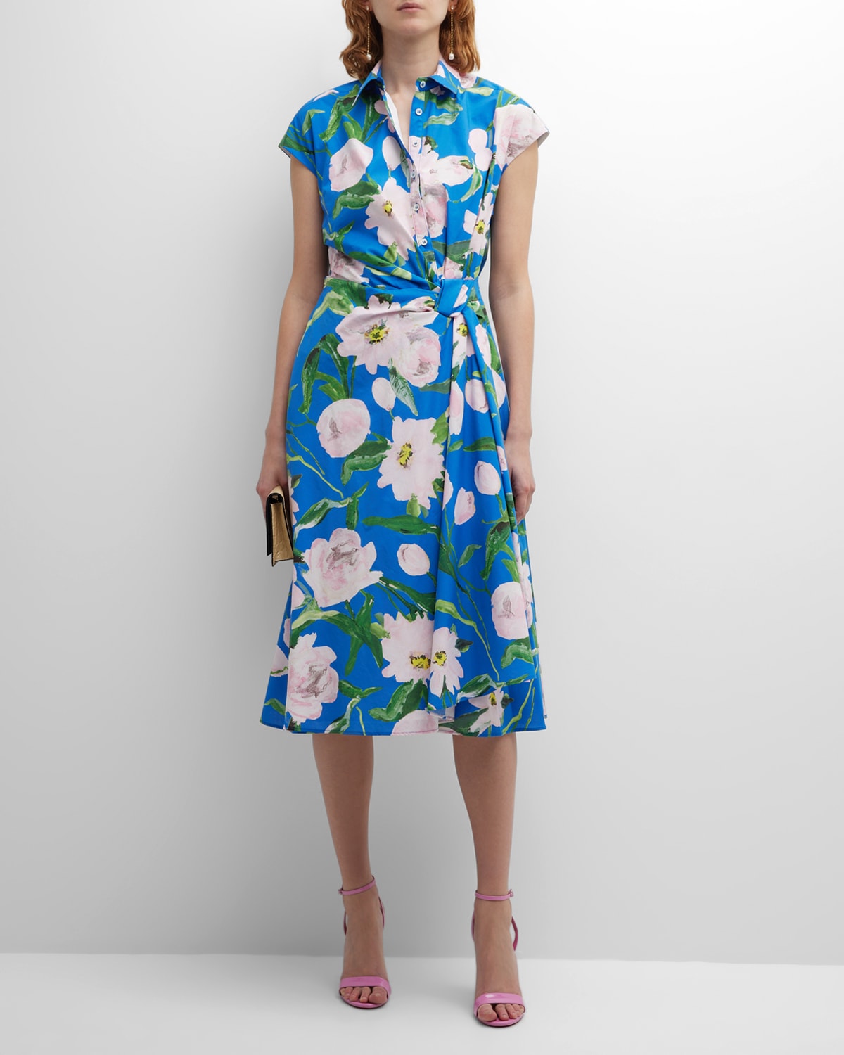Carolina Herrera Floral Print Collared Midi Dress with Tie Belt ...