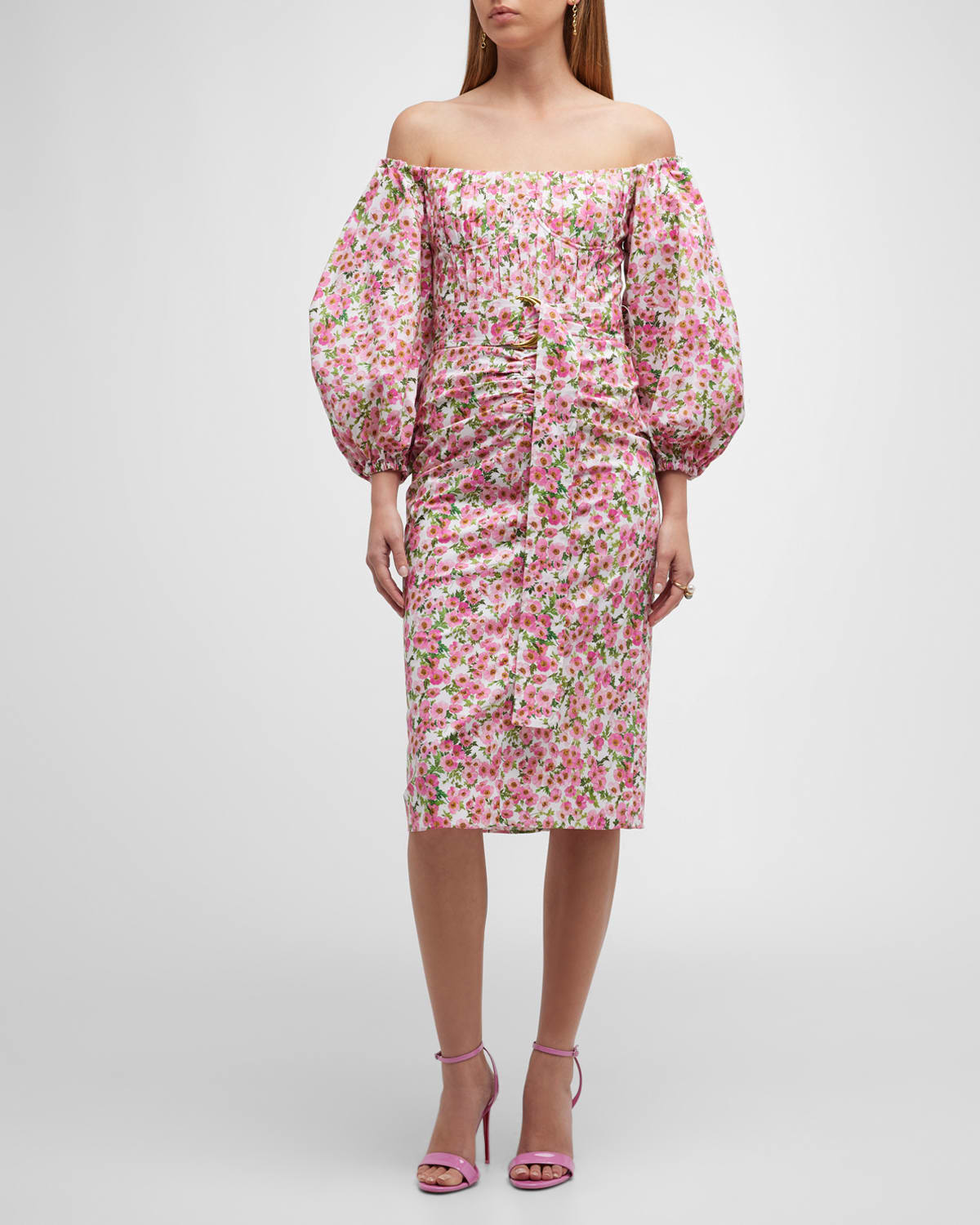 Carolina Herrera Floral Print Bustier Midi Dress w/ Front Cutout ...