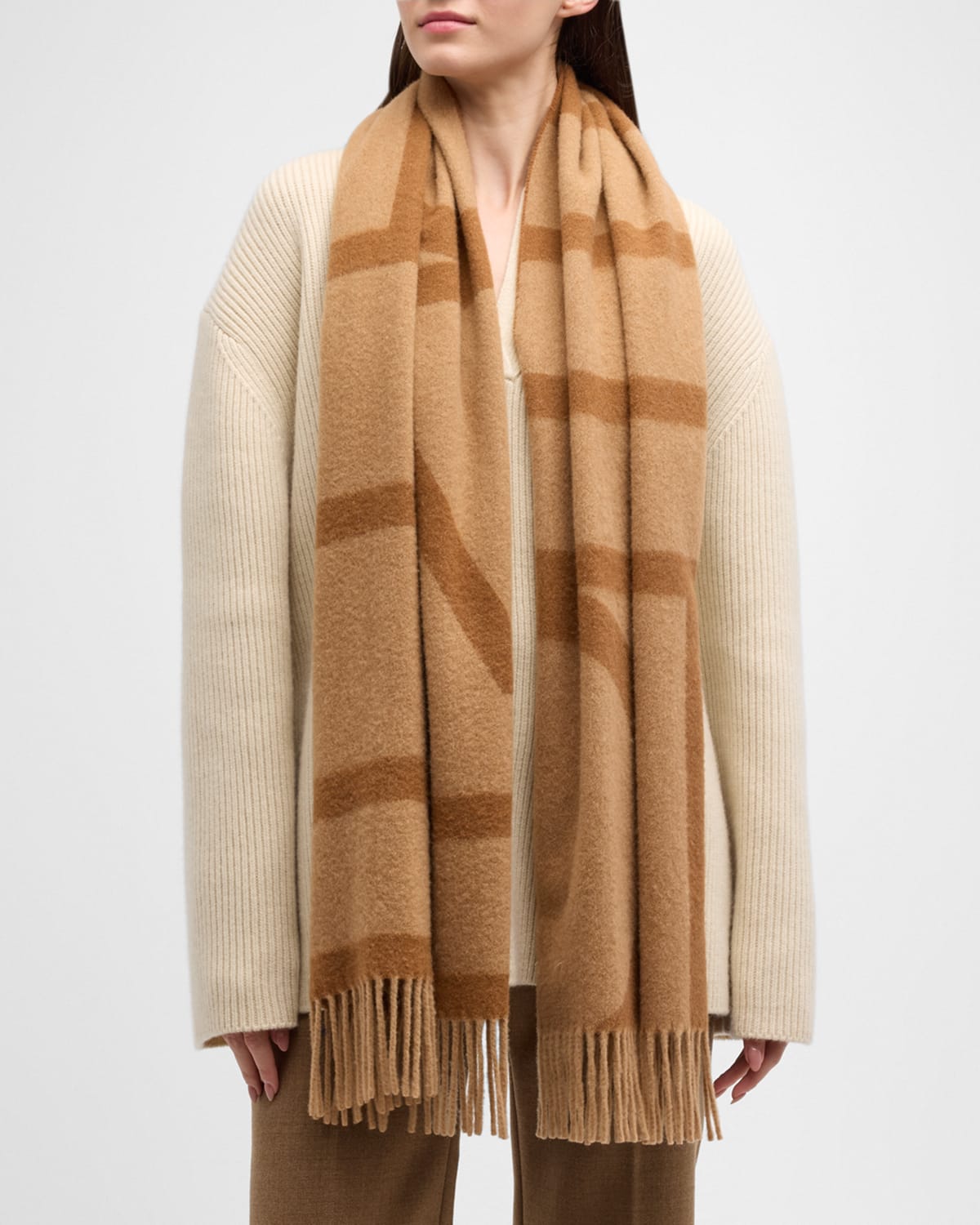 Monogram wool cashmere scarf camel