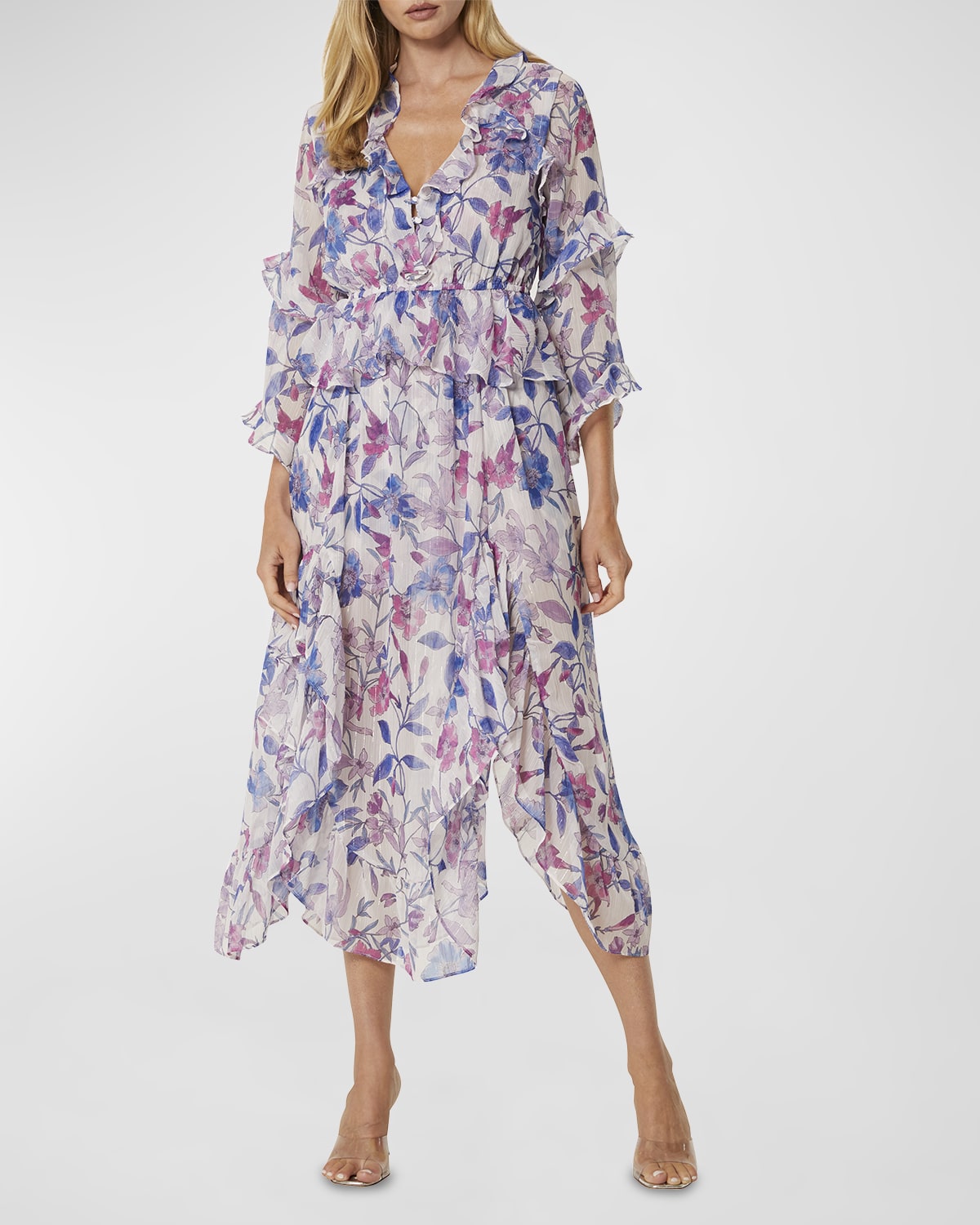 Tavimart Summer New Woman Floral Chiffon Midi Dress Elegant Short Sleeve One Piece Party Dress Office Lady Vintage Chic Clothing main image 1