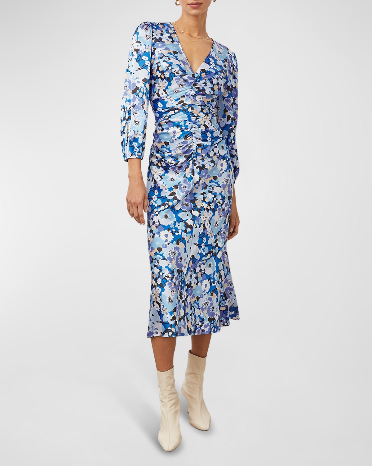 Toccin Blouson-Sleeve Floral-Print Midi Dress | Neiman Marcus