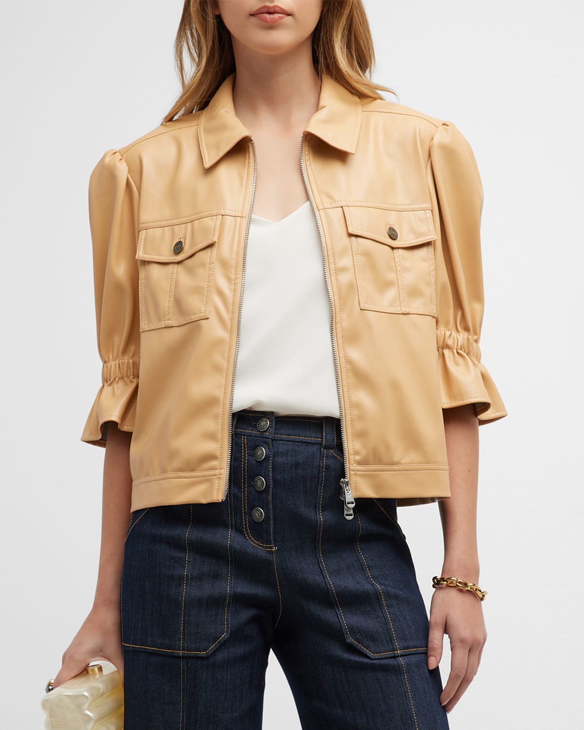 Cinq a Sept Holly Short-Sleeve Sateen Jacket | Neiman Marcus