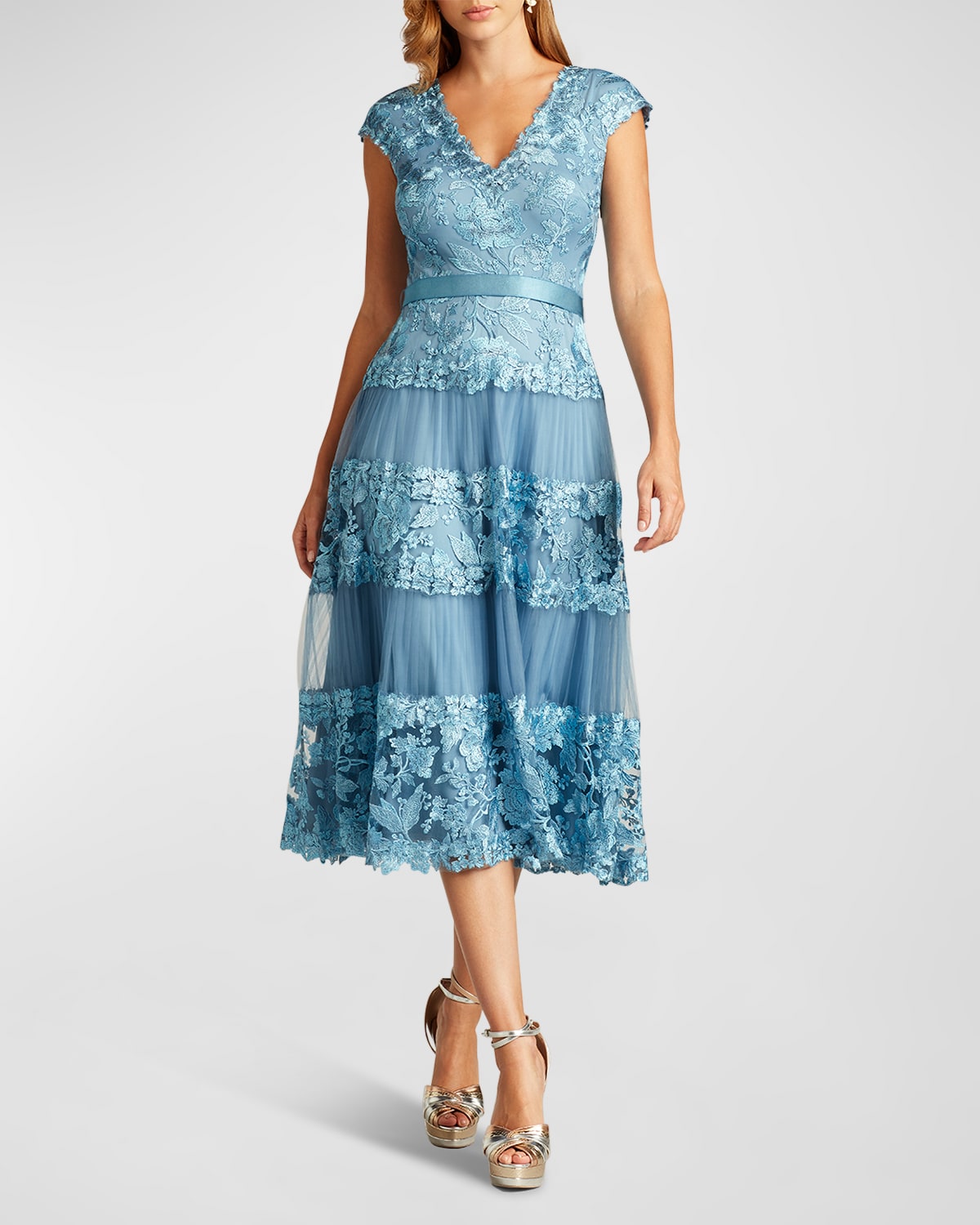 Tadashi Shoji Embroidered CapSleeve Illusion Dress Neiman Marcus