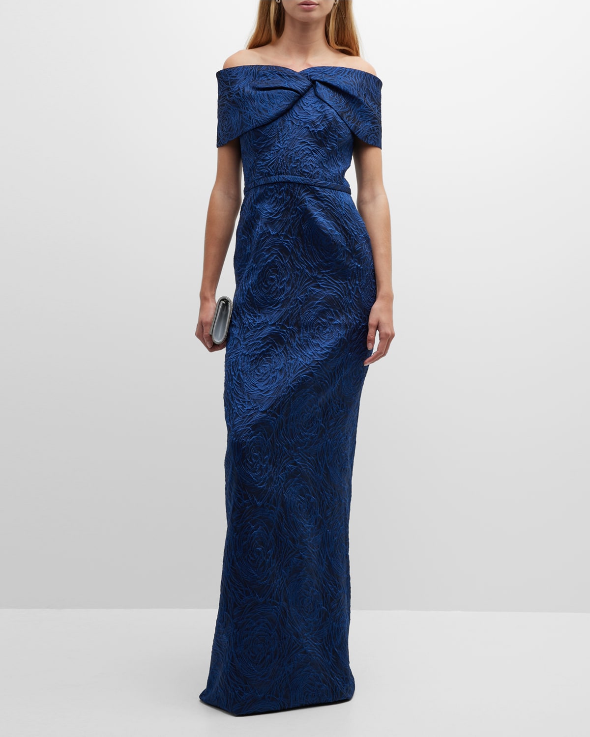 Rickie Freeman for Teri Jon Off-Shoulder Twist-Front Jacquard Gown ...