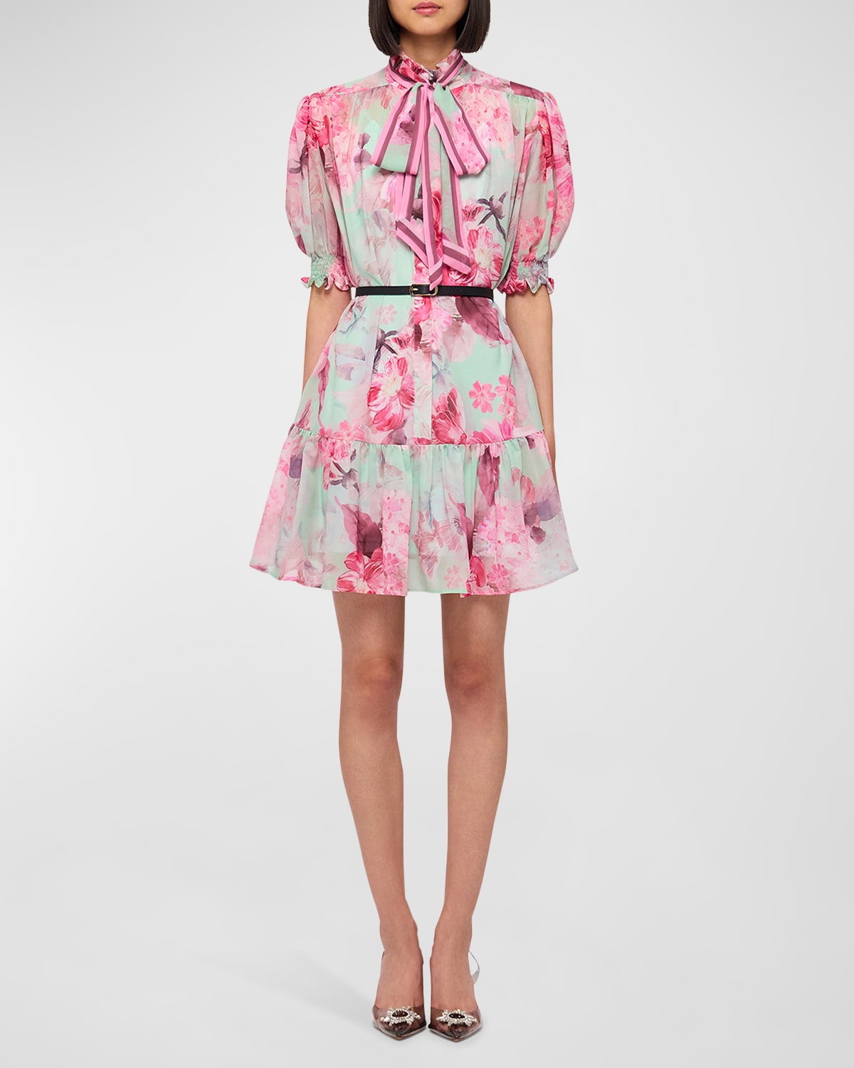 LEO LIN Brianna Flutter-Sleeve Floral-Print Mini Dress | Neiman Marcus